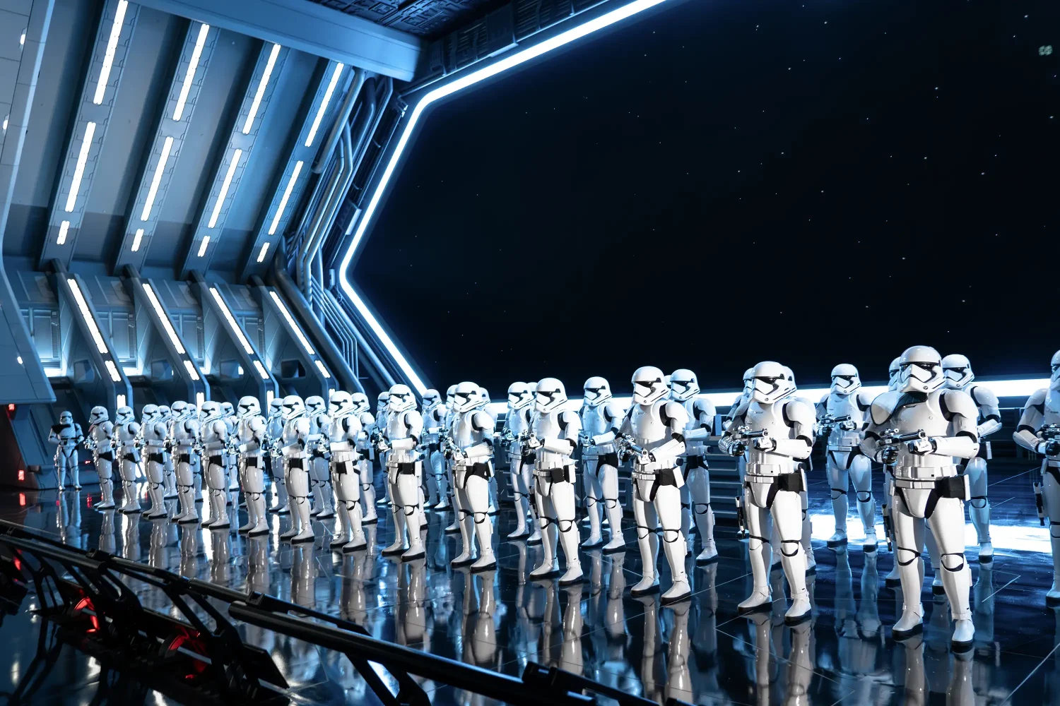 Storm Troopers in the Star Destroyer hangar on Rise of the Resistance