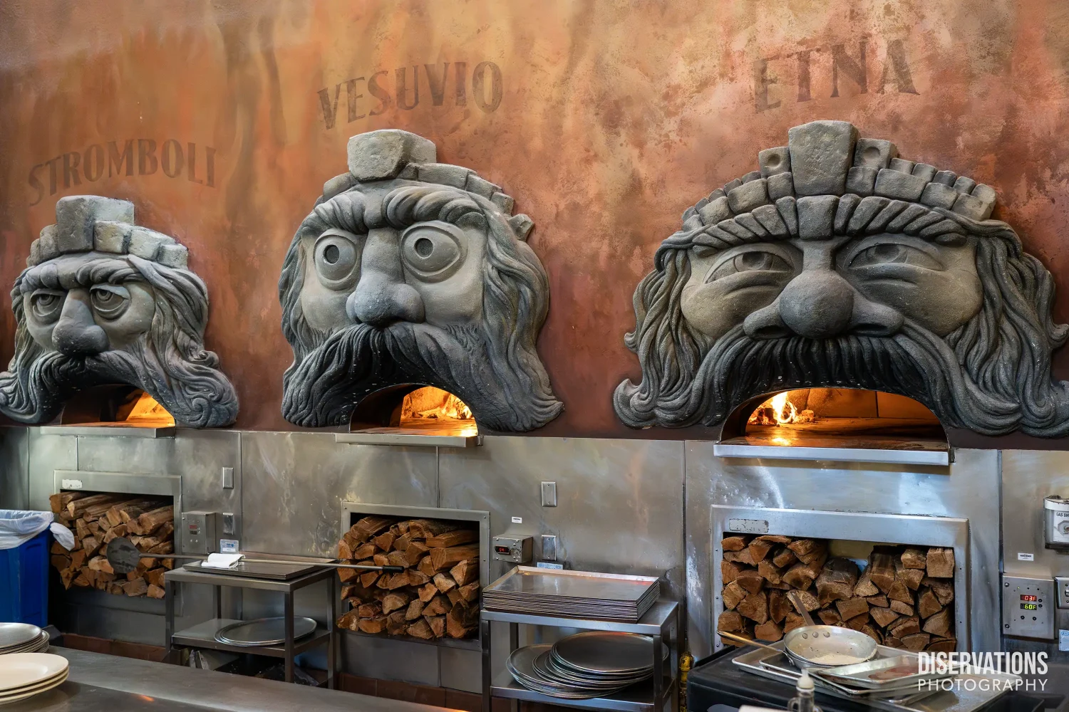 Via Napoli's three wood-burning ovens: Stromboli, Vesuvio, and Etna