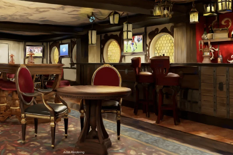 Concept art of Cask and Cannon, a Pirates of the Caribbean pub on the Disney Destiny. Copyright Disney.