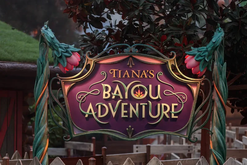 Disneyland's Tiana's Bayou Adventure sign. Copyright Disney.