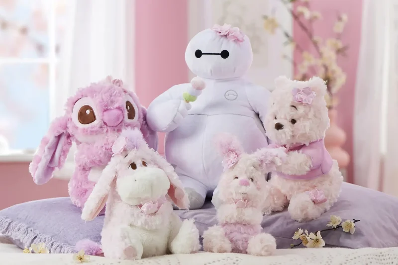 Sakura Plush Collection (Eyeore, Stitch, Winnie the Pooh, Piglet, and Baymax). Copyright Disney.