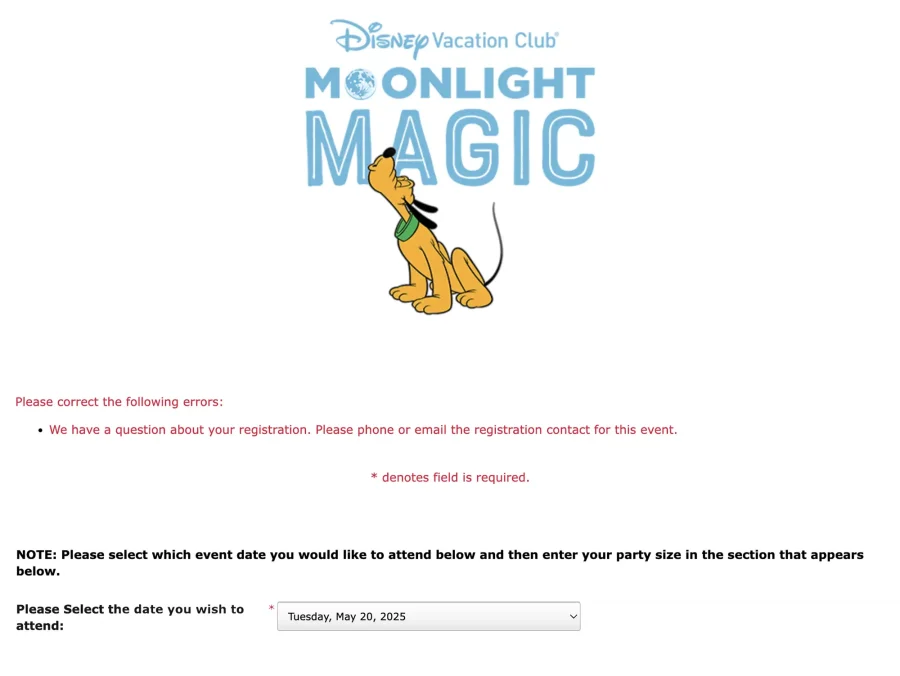DVC Moonlight Magic registration screen showing error