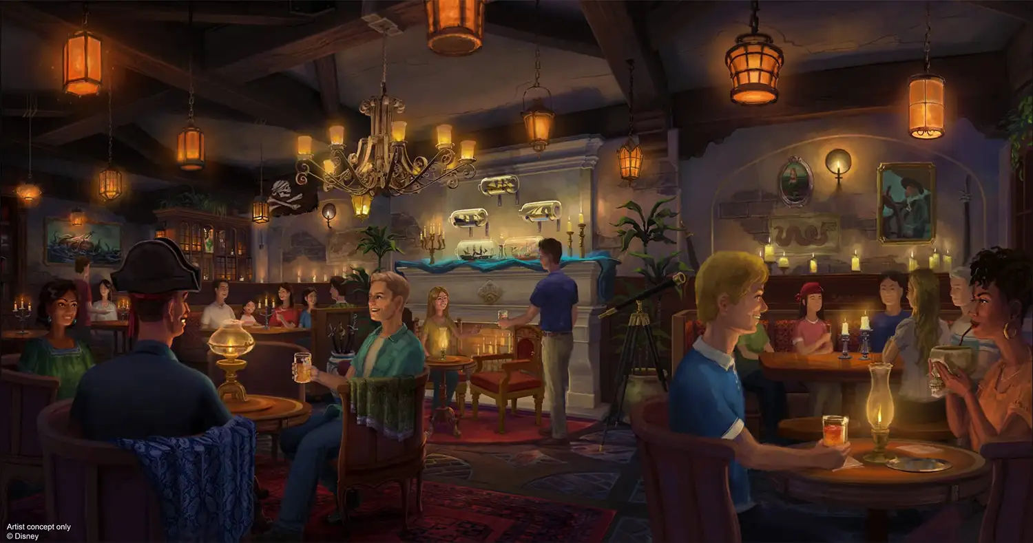 Pirates of the Caribbean lounge concept art. Copyright Disney.