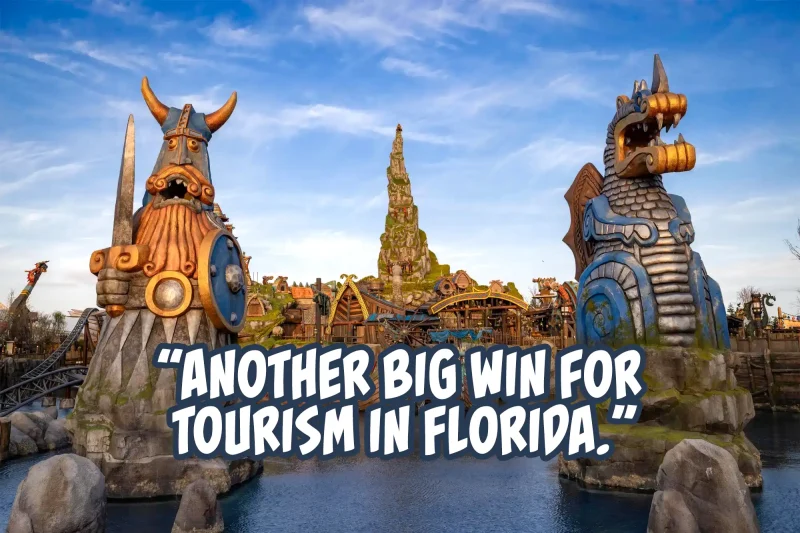 Epic Universe's Isle of Berk with the following text: Another big win for tourism in Florida."