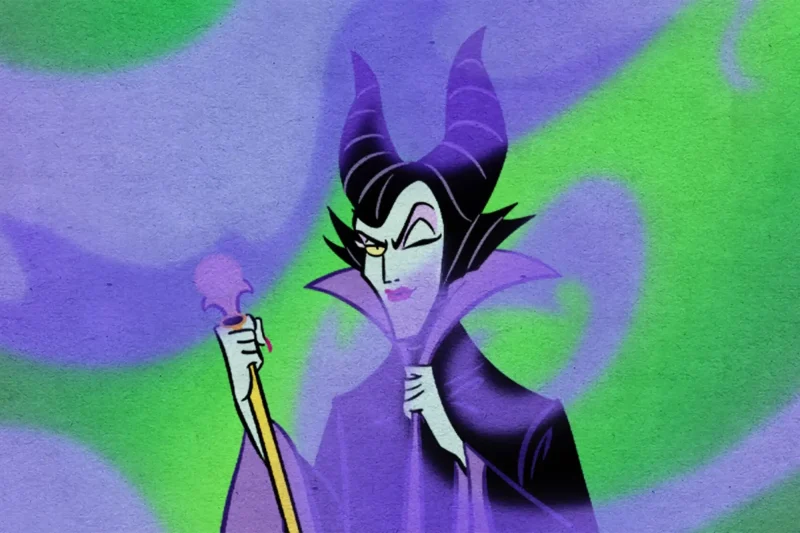 A cartoon Maleficent shrouded in purple smoke