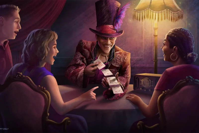 Concept art of Dr. Facilier performing card tricks on the Disney Destiny