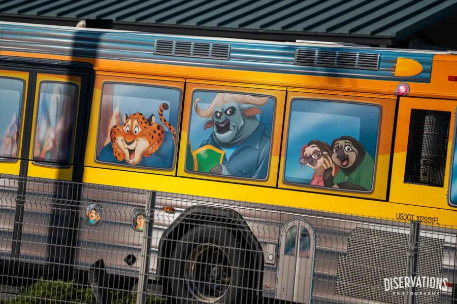 Zootopia-wrapped bus at Disney World featuring several characters from the film