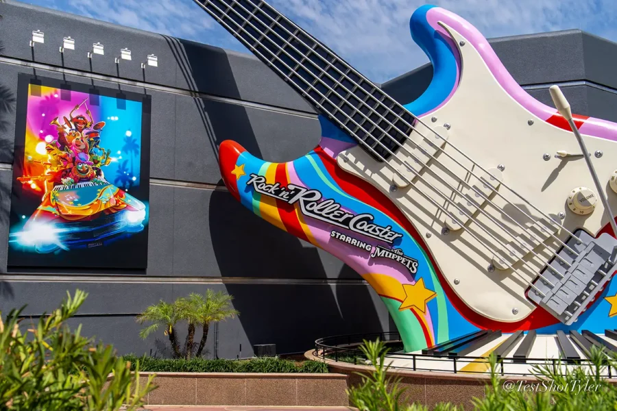 The Rock 'n' Roller Coaster Starring The Muppets giant themed guitar and attraction poster