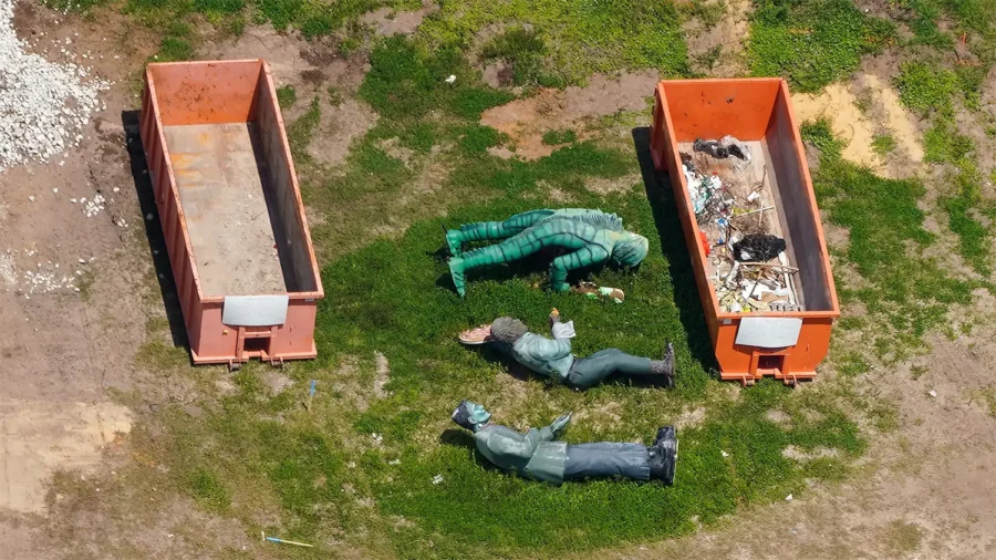 Three classic monster statues lying next to dumpsters in a Dark Universe expansion lot