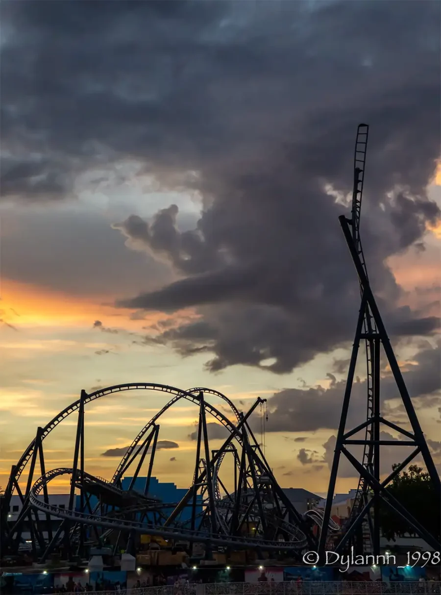 Universal Studios Florida's Fast & Furious: Hollywood Drift coaster at sunset