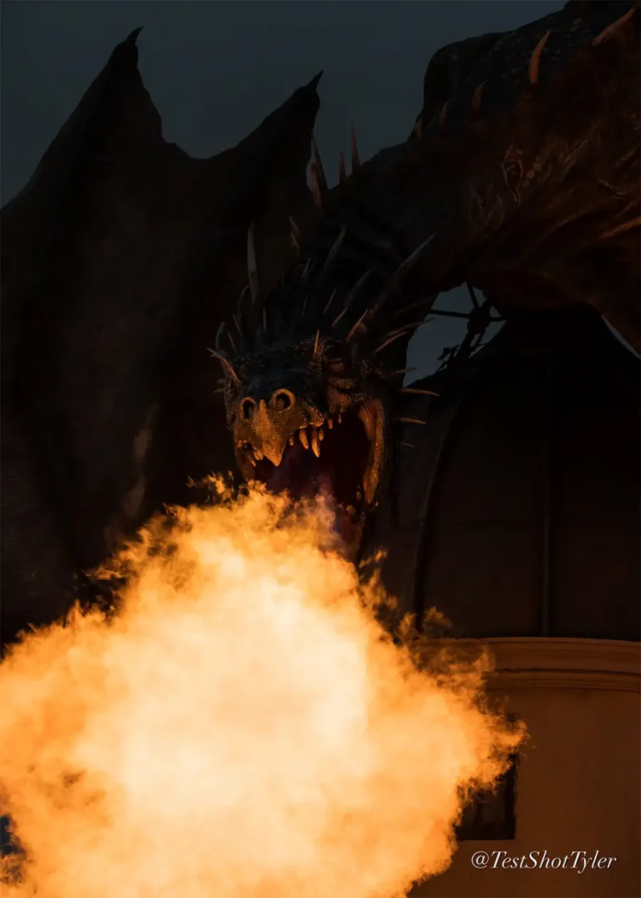 A dragon breathing fire in Diagon Alley
