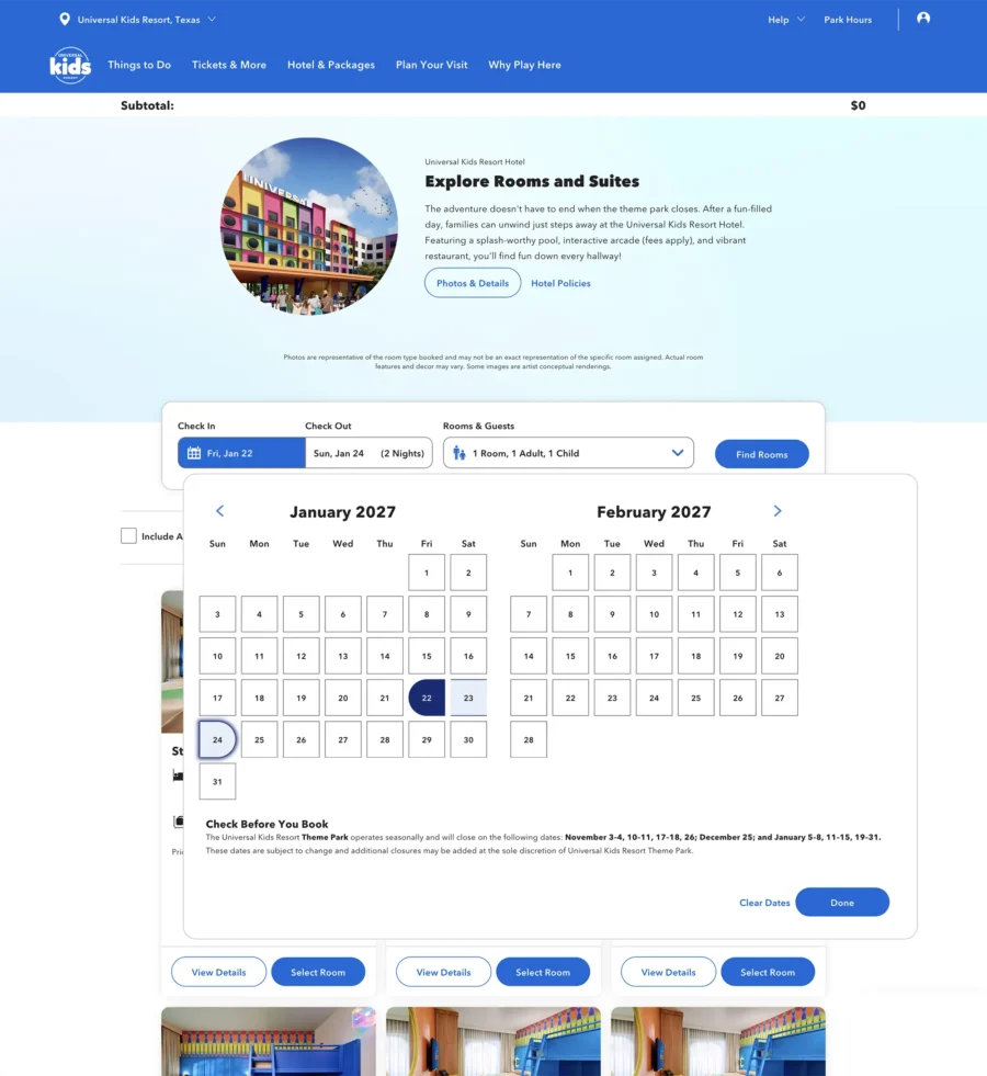 A screenshot of the Universal Kids Resort Hotel reservation form