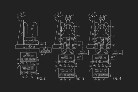 Technical drawings from a Universal Studios patent that molds the seat to the rider