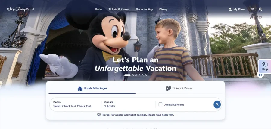 Screenshot of the updated Walt Disney World website featuring Mickey Mouse and a young boy