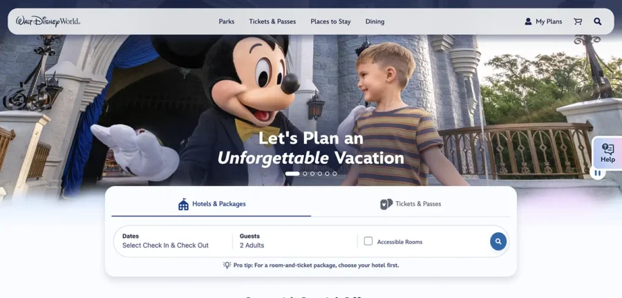 Screenshot of the updated Walt Disney World website shows a white background around the header