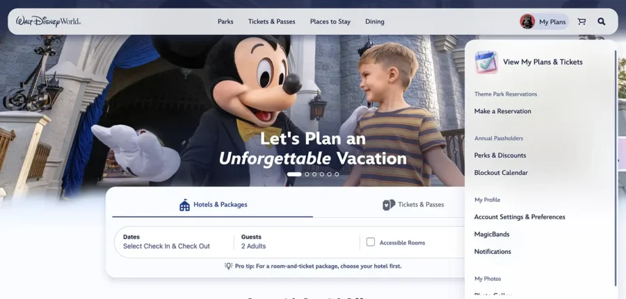 Screenshot of the updated Walt Disney World website with the My Plans dropdown