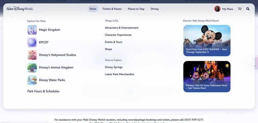 Screenshot of the updated Walt Disney World website showing the Parks dropdown