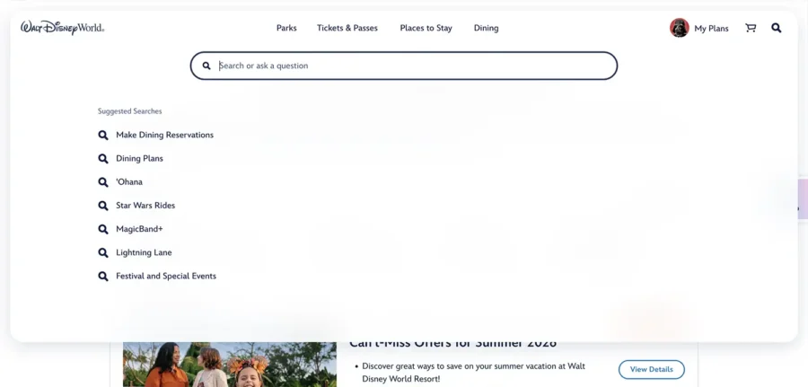 Screenshot of the updated Walt Disney World website showing the search field