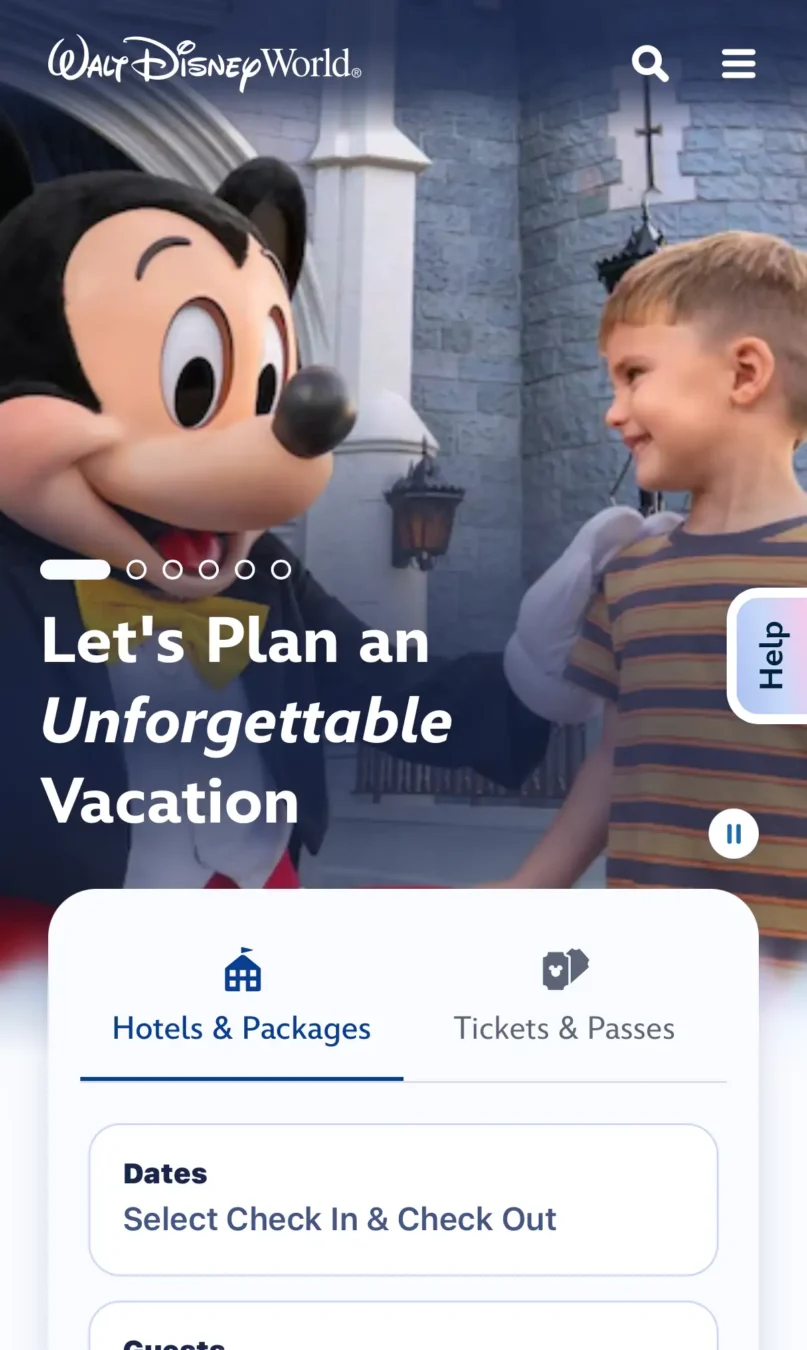Screenshot of the updated mobile view of the Walt Disney World website