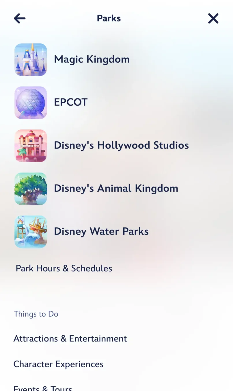 Screenshot of the updated mobile view menu on the Walt Disney World website