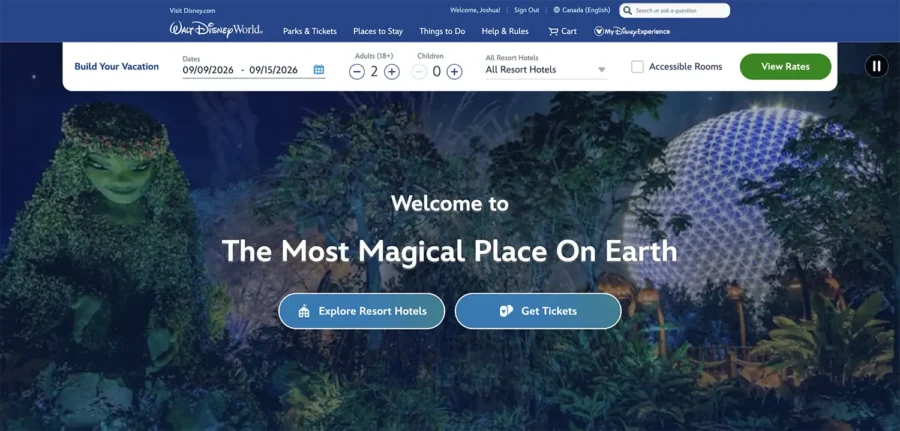 Screenshot of the old Walt Disney World website