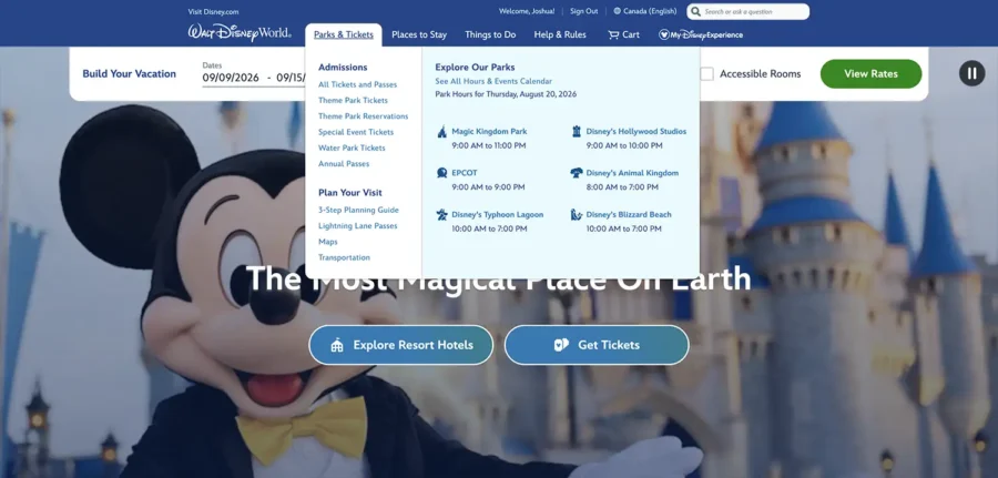 Screenshot of the old Walt Disney World website and a cluttered dropdown menu