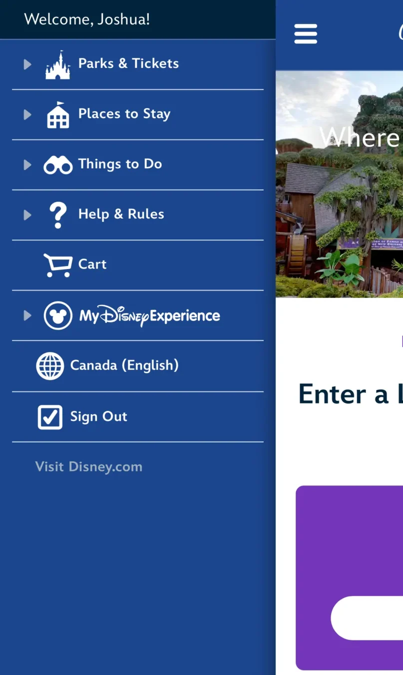 Screenshot of the old mobile view menu on the Walt Disney World website