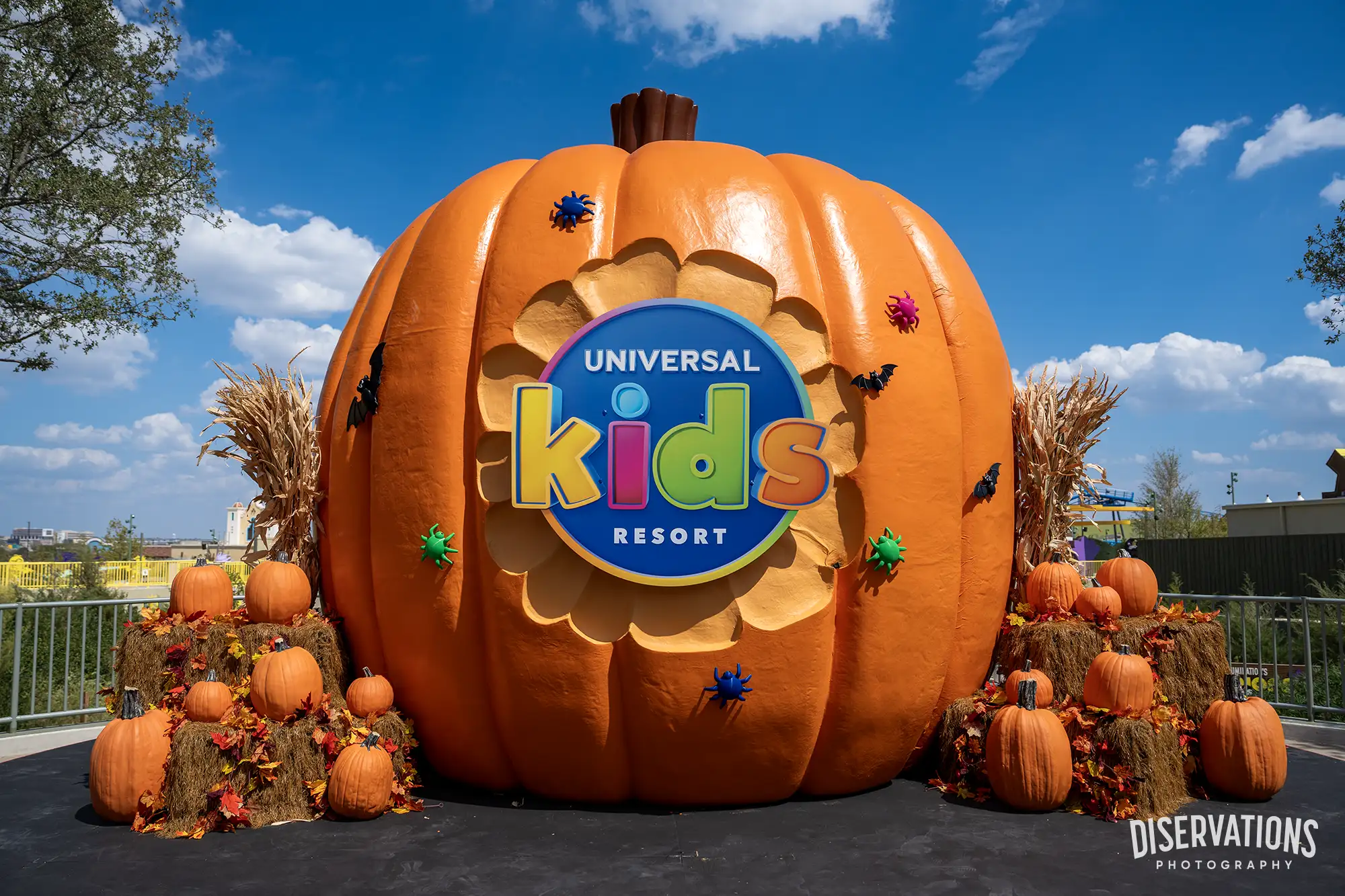 A giant pumpkin with the Universal Kids Resort logo