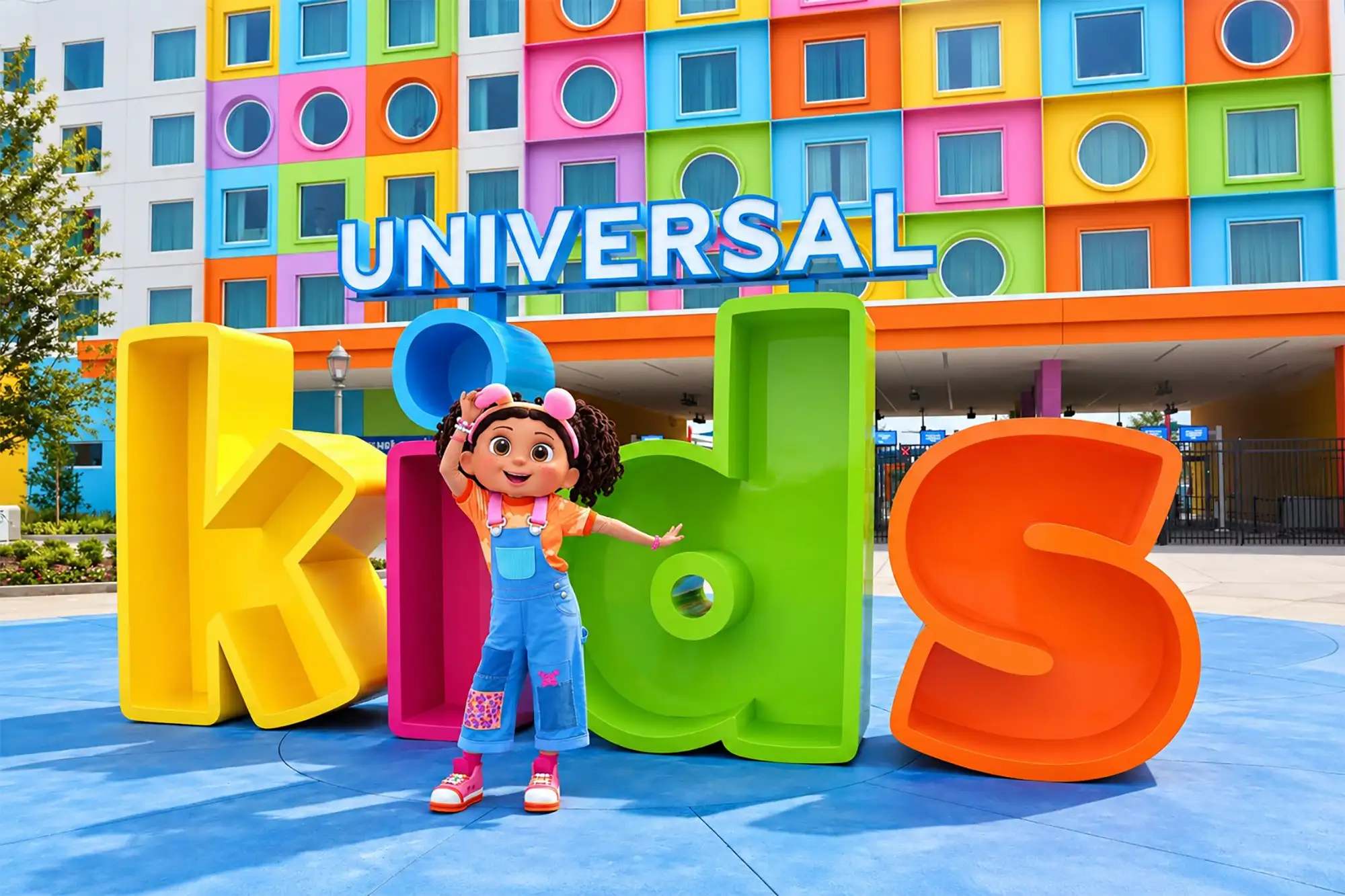 Doozie in front of Universal Kids Resort