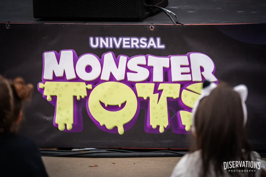 The Universal Monster Tots logo on the Universal Kids Resort stage