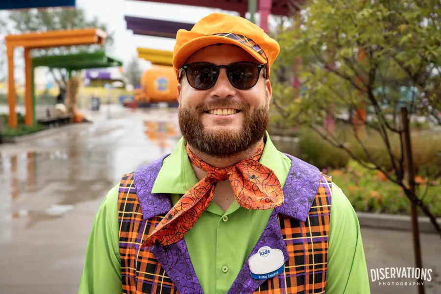 A Team Member in Halloween duds in the Isle of Curiosity at Universal Kids Resort